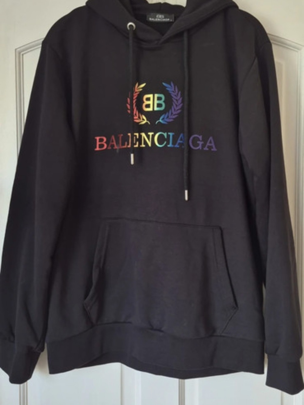 Balenciaga Black V-Neck Sweater with Rainbow Logo